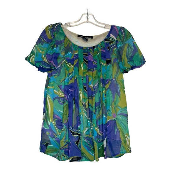 Antilia Femme Blouse Womens M Green/Blue Relaxed Fit Pleated Puff Sleeve Casual‎ - Picture 1 of 7
